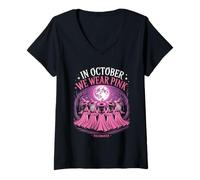 Womens in October We Wear Pink Witches Breast Cancer Awareness V-Neck T-Shirt