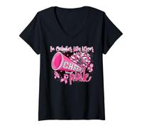 Womens in October We Wear Pink with Cheer Breast Cancer Cheerleader V-Neck T-Shirt