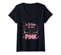 Womens in October Wear Pink Cute Ghosts Breast Cancer Halloween V-Neck T-Shirt