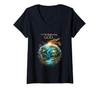 Women's in The Beginning GOD... Earth Genesis 1:1 Bible Verse Nature V-Neck T-Shirt