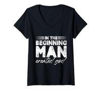 Womens in The Beginning Man Created God V-Neck T-Shirt