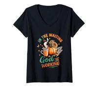 Womens in The Waiting God is Working Cozy Fall Mug V-Neck T-Shirt