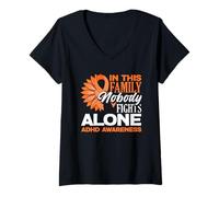 Women's in This Family Nobody Fights Alone ADHD Awareness Sunflower V-Neck T-Shirt