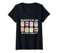 Womens Inclusion Is My Jam And I'm Here To Spread It Autism Teacher V-Neck T-Shirt