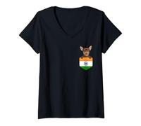 Women's India Flag Brown Chihuahua Dog in Pocket V-Neck T-Shirt