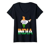 Women's India Flag Map Tricolor Ashoka Chakra Indian V-Neck T-Shirt
