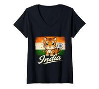 Women's India Flag Tiger Kawaii Indian Bengal Tiger V-Neck T-Shirt