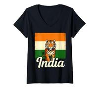 Women's India Flag Tiger Proud Indian Bengal Tiger V-Neck T-Shirt