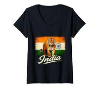 Women's India Flag Tiger Proud Indian Bengal Tiger V-Neck T-Shirt
