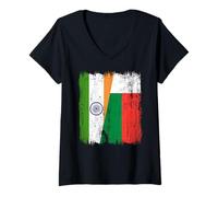 Womens India Madagascar Half Flag Indian Malagasy Pride Jersey V-Neck T-Shirt