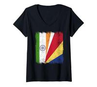 Women's India Seychelles Half Flag Indian Seychellois Pride V-Neck T-Shirt