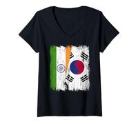 Womens India South Korea Half Flag Indian South Korean Jersey V-Neck T-Shirt