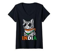 Women's Indian Flag Funny Cat India V-Neck T-Shirt
