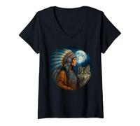 Womens Indian Native American Woman with White Wolf Vintage Gifts V-Neck T-Shirt