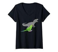 Women's Indian Ringneck Parakeet with T rex Shadow Bird Lovers V-Neck T-Shirt