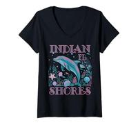 Womens INDIAN SHORES FL DOLPHIN COLORFUL BEACH SOUVENIR V-Neck T-Shirt