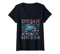 Womens INDIAN SHORES FLORIDA BLUE CRAB SUMMER BEACH VACATION GIFTS V-Neck T-Shirt