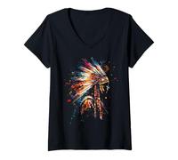 Women's Indian Tribe Artwork Native American Feather Headdress V-Neck T-Shirt