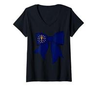 Womens Indiana State Flag Girl Coquette Bow Ribbon V-Neck T-Shirt