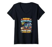 Women's Indie Developer Making Games Losing Sleep Coder Humor V-Neck T-Shirt