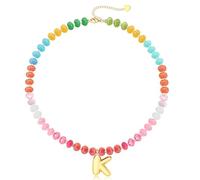 Womens Initial Beads Necklace Bubble Letter Necklace for Teens Colorful Gemstone Choker 14k Gold A-Z Pendant Summer Beach Christmas, Stainless Steel, No Gemstone