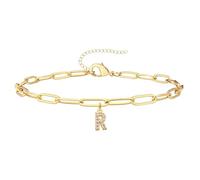 Women's Initial Bracelet-Dainty Paperclip Chain with rhinestone Letter Charm-Adjustable Layered Jewelry Gift, One Size, Stainless Steel, no gemstone