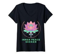 Women's Inner Peace Seeker Lotus Moon Botanical Mandala V-Neck T-Shirt