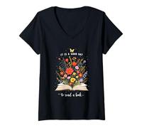 Womens Inspirational It is A Good Time to Read Book Lover Floral V-Neck T-Shirt