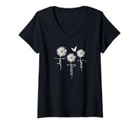 Womens Inspirational Joy Peace Love Shirt with Daisies Butterflies V-Neck T-Shirt