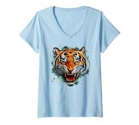 Women's Intense Roaring Tiger Face Wild Feline Predator V-Neck T-Shirt