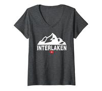 Women's Interlaken Switzerland Swiss Flag Swiss Mountains V-Neck T-Shirt, Dark Heather Grey, Medium