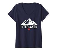 Women's Interlaken Switzerland Swiss Flag Swiss Mountains V-Neck T-Shirt, Navy Blue, X-Large