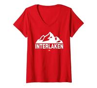 Women's Interlaken Switzerland Swiss Flag Swiss Mountains V-Neck T-Shirt, Red, Large