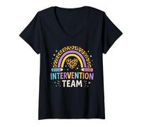 Womens Intervention Team Rainbow Leopard Print Back to School V-Neck T-Shirt