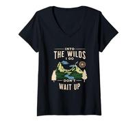 Women's Into The Wilds I Go Don't Wait Up Mountain Hike Design V-Neck T-Shirt