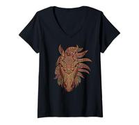 Women's Intricate Floral Feather Horse Lovers Mandala V-Neck T-Shirt
