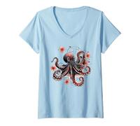 Women's Intricate Octopus Floral Marine Life Design V-Neck T-Shirt