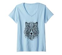 Women's Intricate Wolf Face Illustration for Nature Lovers V-Neck T-Shirt