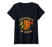 Womens Iowa Christmas Shirt Gingerbread Map Bird Flower V-Neck T-Shirt