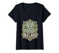 Women's Ireland Celtic Crest s Shamrock Trinity Knotwork V-Neck T-Shirt