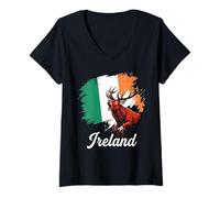 Women's Ireland Flag Roaring Stag Irish Pride Deer V-Neck T-Shirt