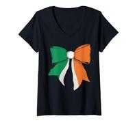 Womens Ireland Irish Pride Flag Girl Coquette Bow Ribbon V-Neck T-Shirt