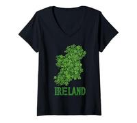 Women's Ireland Shamrock Map Design, St Patrick’s Day Green Clover V-Neck T-Shirt
