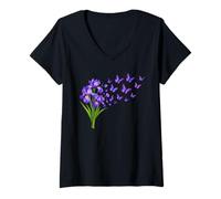 Women's Iris Butterfly Flower Gardening Floral V-Neck T-Shirt
