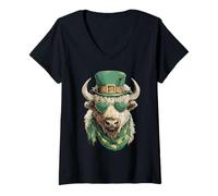Women's Irish Bison with Sunglasses Shamrocks for St Patricks Day V-Neck T-Shirt