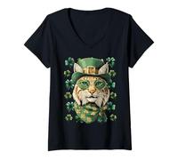 Women's Irish Bobcat with Sunglasses Shamrocks St Patricks Day V-Neck T-Shirt