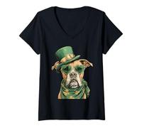 Women's Irish Boxer Dog with Sunglasses Shamrocks St Patricks Day V-Neck T-Shirt