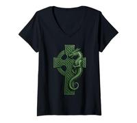 Womens Irish Christian Celtic Cross with Dragon - Celtic Knot V-Neck T-Shirt