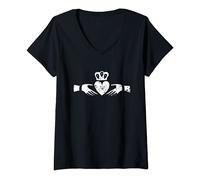 Womens Irish Claddagh Ring Heart with Crown Distressed Graphic V-Neck T-Shirt