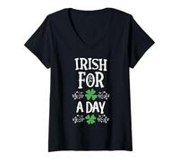Women's Irish for A Day Shamrock Clover Funny St Patrick's Day V-Neck T-Shirt